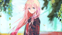 Rule 34 | 1girl, andedalive, blue eyes, braid, branch, cevio, commentary, english commentary, expressionless, hair tie, ia (vocaloid), jacket, leaf, long hair, looking at viewer, necktie, outdoors, pink hair, plaid, plaid jacket, red jacket, red necktie, side braids, solo, upper body, very long hair, vocaloid