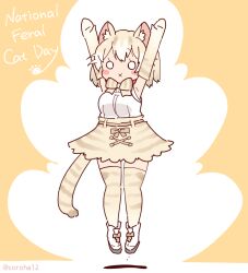 Rule 34 | 1girl, animal ears, arms up, belt, bow, bowtie, cat (kemono friends), cat ears, cat girl, cat tail, coroha, elbow gloves, extra ears, full body, gloves, grey hair, jumping, kemono friends, looking at viewer, shirt, shoes, short hair, simple background, skirt, sleeveless, sleeveless shirt, solo, tail, thighhighs, yellow background