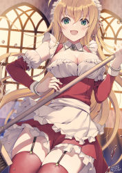 Rule 34 | 1girl, :d, ahoge, alternate costume, apron, blonde hair, blush, breasts, broom, cleavage, commentary request, dated, detached collar, detached sleeves, dress, enmaided, frilled dress, frilled sleeves, frills, garter straps, green eyes, highres, holding, holding broom, indoors, large breasts, long hair, long sleeves, looking at viewer, maid, maid headdress, open mouth, red dress, red thighhighs, signature, smile, solo, straight hair, thighhighs, tsurumaki maki, underbust, v-shaped eyebrows, very long hair, voiceroid, waist apron, white apron, window, yoshino ryou, zettai ryouiki