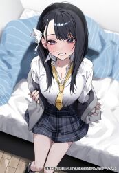 Rule 34 | 1girl, asymmetrical bangs, black hair, black socks, blue eyes, blue skirt, blush, breasts, chigusa minori, cleavage, clenched teeth, collared shirt, commentary request, dress shirt, grey jacket, highres, jacket, kneehighs, kore wa akumade mamagoto dakara., long hair, looking at viewer, necktie, off shoulder, official art, on bed, open clothes, open jacket, plaid, plaid skirt, pleated skirt, school uniform, shinku (kore wa akumade mamagoto dakara), shirt, sitting, skirt, smile, socks, solo, sweatdrop, teeth, translation request, white shirt, yellow necktie