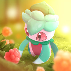 Rule 34 | berry, blurry, commentary request, creatures (company), day, flower, fomantis, game freak, gen 7 pokemon, grass, highres, korean commentary, looking down, nintendo, no humans, orange flower, outdoors, pink eyes, pokemon, pokemon (creature), solo, standing, wowyou