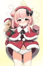 Rule 34 | 1girl, black bow, blue archive, blush, bow, box, capelet, christmas, closed mouth, coat, commentary request, cowboy shot, fur-trimmed capelet, fur coat, fur trim, gift, gift box, hair bow, hair bun, looking at viewer, nakajima lupus, navel, nose blush, official alternate costume, pink eyes, pink hair, pom pom (clothes), red capelet, red coat, red headwear, santa costume, serina (blue archive), serina (christmas) (blue archive), short hair, single side bun, solo