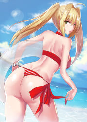 Rule 34 | 1girl, ahoge, ass, back, beach, bikini, blonde hair, breasts, day, dimples of venus, fate/grand order, fate (series), from behind, green eyes, hair intakes, halterneck, highres, innertube, large breasts, lens flare, long hair, looking at viewer, looking back, nero claudius (fate), nero claudius (fate) (all), nero claudius (swimsuit caster) (fate), outdoors, rafu (motrer1), side-tie bikini bottom, sky, solo, striped bikini, striped clothes, swim ring, swimsuit, thong, twintails
