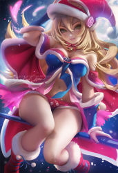 Rule 34 | 1girl, :d, bare shoulders, blonde hair, blush stickers, breasts, cat bell, christmas, cleavage, dark magician girl, duel monster, full body, full moon, green eyes, hat, heart, lips, long hair, looking at viewer, medium breasts, moon, nail polish, navel, night, open mouth, pink lips, sakimichan, short shorts, shorts, sitting, sky, smile, snow, solo, staff, stomach, vambraces, watermark, wizard hat, yu-gi-oh!