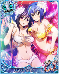 Rule 34 | 2girls, bare shoulders, black hair, blue hair, blush, breasts, card (medium), character name, chess piece, closed mouth, crop top, feather hair ornament, feathers, fingerless gloves, gloves, green hair, feather hair ornament, hair ornament, high school dxd, high school dxd new, himejima akeno, large breasts, long hair, micro shorts, midriff, multicolored hair, multiple girls, navel, official art, open mouth, ponytail, purple eyes, queen (chess), short hair, shorts, smile, streaked hair, torn clothes, trading card, two-tone hair, very long hair, xenovia quarta, yellow eyes