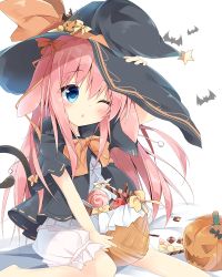 Rule 34 | 1girl, animal ears, bat (animal), blue eyes, blush, commentary request, food, halloween, halloween costume, hat, jack-o&#039;-lantern, kushida you, long hair, looking at viewer, neckerchief, original, pink hair, pumpkin, short sleeves, simple background, solo, white background, witch, witch hat