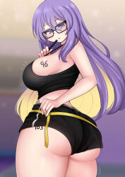 Rule 34 | 1girl, :o, absurdres, ass, back, bare shoulders, black shirt, black shorts, blonde hair, blush, breasts, camisole, colored inner hair, cowboy shot, from behind, glasses, hair between eyes, highres, holding, holding marker, hololive, hololive indonesia, huge ass, large breasts, looking back, marker, measurements, measuring, micro shorts, midriff, moona hoshinova, multicolored hair, notice lines, purple eyes, purple hair, shirt, short shorts, shorts, sideboob, solo, strap gap, tape measure, the only shoe, virtual youtuber