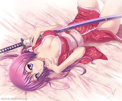 Rule 34 | 1girl, atomix, bare shoulders, bed, blush, breasts, cleavage, japanese clothes, katana, kimono, large breasts, long hair, looking at viewer, lying, md5 mismatch, naomi (atomix), on back, original, purple eyes, purple hair, sheath, solo, sword, unsheathing, weapon