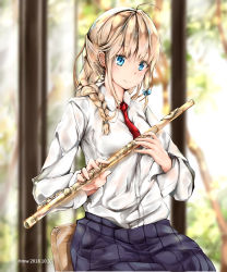 Rule 34 | 1girl, ahoge, artist name, blonde hair, blue bow, blue eyes, blue skirt, blurry, blurry background, blush, bow, braid, breasts, chair, closed mouth, collared shirt, dated, day, dema hmw, depth of field, flute, hair bow, hair ornament, hairclip, highres, holding, holding instrument, indoors, instrument, long hair, long sleeves, medium breasts, necktie, original, pleated skirt, red necktie, shirt, sidelocks, sitting, skirt, sleeves rolled up, smile, solo, uniform, white shirt