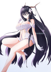 Rule 34 | 1girl, absurdres, aonouta, artist name, azur lane, bare shoulders, black hair, breasts, cleavage, dress, flower, foot out of frame, gloves, hair flower, hair horns, hair ornament, high heels, highres, indomitable (azur lane), large breasts, long hair, looking at viewer, simple background, solo, very long hair, white background, white dress, white flower, white footwear, white gloves, yellow eyes