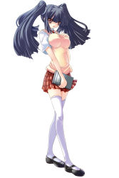 Rule 34 | 1girl, black hair, blue hair, book, breasts, brown eyes, hand on own chest, highres, impossible clothes, impossible shirt, large breasts, mary janes, open mouth, original, plaid, plaid skirt, school uniform, shirt, shoes, skirt, solo, sweater vest, thighhighs, torisan, twintails, white thighhighs, zettai ryouiki