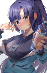 Rule 34 | 1girl, absurdres, black shirt, blue archive, blush, bottle, breasts, ear blush, facepaint, giving, half updo, highres, holding, holding bottle, jacket, jacket partially removed, lala (tnre7287), lanyard, looking at viewer, medium breasts, official alternate costume, partially unzipped, purple eyes, purple hair, shirt, simple background, solo, star (symbol), sweat, track jacket, upper body, white background, yuuka (blue archive), yuuka (track) (blue archive)