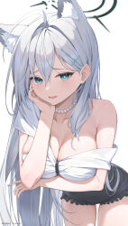 Rule 34 | 1girl, absurdres, bare shoulders, blue archive, breasts, bright pupils, cleavage, grey hair, highres, long hair, medium breasts, open mouth, rosumerii, shiroko (blue archive), shiroko terror (blue archive), smile, solo, white pupils