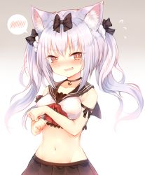Rule 34 | 1girl, absurdres, animal ears, armband, azur lane, bad id, bad pixiv id, black bow, black choker, black sailor collar, black skirt, blue hair, blush, bow, breasts, choker, covered erect nipples, covering privates, covering breasts, crop top, embarrassed, fang, flying sweatdrops, gradient background, grey background, groin, hair bow, highres, long hair, looking at viewer, medium breasts, midriff, navel, open mouth, orange eyes, pleated skirt, sailor collar, shirt, skirt, slit pupils, solo, spoken blush, standing, sukemyon, twintails, white shirt, yukikaze (azur lane)
