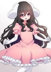 Rule 34 | 1girl, absurdres, alternate hairstyle, animal ears, black hair, bright pupils, carrot necklace, dress, elbow gloves, fang, floppy ears, frilled dress, frills, gloves, gradient background, hair between eyes, highres, inaba tewi, jewelry, long hair, looking at viewer, necklace, open mouth, pantyhose, pink dress, puffy short sleeves, puffy sleeves, rabbit ears, red eyes, short sleeves, solo, standing, touhou, tsukimirin, white gloves, white pantyhose