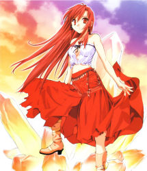 Rule 34 | 1girl, bare arms, boots, breasts, carmine rhodonite, center opening, crystal, hair tubes, high heel boots, high heels, jewelry, long hair, long skirt, midriff, necklace, outline, red eyes, red hair, red skirt, skirt, sky, solo, strapless, tenhiro naoto, tube top, very long hair, wind, world&#039;s end