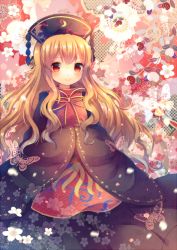 Rule 34 | 1girl, black dress, blonde hair, bug, butterfly, chinese clothes, coa (chroo x), dress, floral print, hair ornament, hands in opposite sleeves, insect, junko (touhou), long hair, long sleeves, red eyes, sash, smile, solo, table, touhou, very long hair, wide sleeves