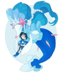 Rule 34 | 1boy, blue hair, bubble, buntatta, capri pants, commentary, creatures (company), elio (pokemon), fins, fish tail, game freak, gen 7 pokemon, grey eyes, long hair, looking up, nintendo, open mouth, pants, pokemon, pokemon (creature), pokemon sm, popplio, primarina, shirt, shoes, short hair, sneakers, striped clothes, striped shirt, tail