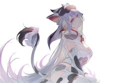 Rule 34 | 1girl, :o, animal ears, animal print, between legs, blue hair, bra, breasts, catura (granblue fantasy), cleavage, cow ears, cow girl, cow print, cow tail, detached sleeves, ear piercing, from side, granblue fantasy, hand between legs, hat, kanaria (fuusenkazura), large breasts, long hair, looking at viewer, looking to the side, piercing, see-through, see-through shirt, shirt, short shorts, shorts, sitting, sleeveless, sleeveless shirt, solo, tail, thighhighs, underwear, very long hair, white background, white bra, white shorts, yellow eyes