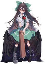 Rule 34 | 1girl, absurdres, arm cannon, black thighhighs, black wings, bow, brown footwear, brown hair, closed mouth, commentary request, full body, green bow, green skirt, hair between eyes, hair bow, highres, long hair, looking at viewer, low wings, puffy short sleeves, puffy sleeves, red eyes, reiuji utsuho, shirt, shoes, short sleeves, simple background, skirt, smile, solo, standing, thighhighs, third eye, touhou, tsune (tune), weapon, white background, white shirt, wings, zettai ryouiki
