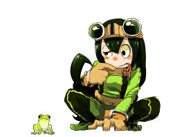 Rule 34 | 10s, 1girl, :&gt;, animal, asui tsuyu, bad id, bad pixiv id, belt, black eyes, black hair, blush, blush stickers, bodysuit, boku no hero academia, brown gloves, finger to mouth, frog, frog girl, gloves, goggles, goggles on head, green bodysuit, hair ribbon, harape, highres, long hair, low-tied long hair, ribbon, solo, split-toe footwear, squatting, tongue, tongue out, uneven eyes