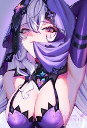 Rule 34 | 1girl, ark evil02, arm up, armpits, bare shoulders, black swan (honkai: star rail), breasts, cleavage, commentary, dress, highres, honkai: star rail, honkai (series), large breasts, looking at viewer, mouth hold, purple background, purple dress, purple eyes, purple hair, sleeveless, sleeveless dress, smile, solo, upper body, veil