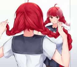 Rule 34 | 1girl, azur lane, blue sailor collar, blush, braid, character request, commentary request, honolulu (azur lane), honolulu (umbrella girl) (azur lane), irohara, long hair, mirror, official alternate costume, parted lips, red eyes, red hair, reflection, sailor collar, school uniform, serafuku, shirt, short sleeves, solo, twin braids, twintails, upper body, white shirt