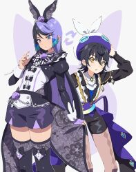 Rule 34 | 2girls, animal ears, argyle, argyle clothes, argyle legwear, arm up, arrow (symbol), ascot, black bow, black hair, black jacket, black shirt, black shorts, black thighhighs, bow, brown pantyhose, carron (pretty series), carron (waccha primagi!) (cosplay), chain, closed mouth, cosplay, costume switch, detached collar, dolldolldd, feet out of frame, floral print, flower, grey background, hand on own hip, hand up, hat, highres, idol clothes, jacket, juliet sleeves, kiratto pri chan, kurokawa suzu, kurokawa suzu (cosplay), long hair, long sleeves, looking at viewer, looking down, multicolored hair, multiple girls, open mouth, pantyhose, pretty series, puffy sleeves, purple eyes, purple flower, purple hair, purple rose, rabbit ears, rose, shirt, short hair, shorts, simple background, standing, sweatdrop, thighhighs, very long hair, waccha primagi!, white ascot, white shirt, yellow eyes