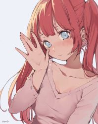 Rule 34 | 1girl, bad id, bad pixiv id, blue eyes, blush, breasts, collarbone, hand up, highres, long hair, long sleeves, looking at viewer, original, palms, pink hair, pink sweater, signature, simple background, smile, solo, sweater, twintails, uni (melm), upper body, waving arm, white background