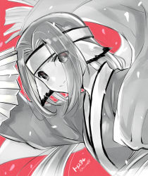 Rule 34 | 1girl, animal ears, aquaplus, breasts, closed mouth, eyes visible through hair, greyscale, hair over one eye, hand fan, headband, holding, holding fan, holding weapon, long hair, long sleeves, looking at viewer, monochrome, sidelocks, small breasts, solo, tuskur, upper body, utawarerumono, very long hair, weapon, yami nabe23, aged down