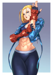 Rule 34 | 1girl, abs, blonde hair, blue eyes, breasts, cammy white, capcom, fingerless gloves, gloves, highres, jacket, open clothes, open jacket, pants, seed01010, short hair, sports bra, street fighter, street fighter 6