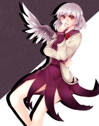 Rule 34 | 1girl, bad id, bad pixiv id, bare legs, black background, covering own mouth, dress, expressionless, jacket, kishin sagume, red eyes, shadow, shikkoku neko, short dress, short hair, silver hair, simple background, single wing, solo, touhou, two-tone background, white background, wings