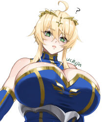 Rule 34 | 1girl, ?, ahoge, artoria pendragon (fate), artoria pendragon (lancer) (fate), black leotard, blue gloves, breasts, bright pupils, cleavage, cleavage cutout, clothing cutout, commentary request, crown, elbow gloves, fate/grand order, fate (series), gloves, green eyes, high collar, highres, huge breasts, impossible clothes, impossible leotard, leotard, lips, short hair with long locks, sidelocks, signature, skin tight, sleeveless, solo, uchujin 416, white pupils