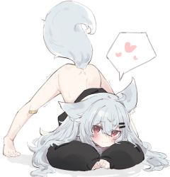 Rule 34 | 1girl, ahoge, animal ear fluff, animal ears, bad id, bad twitter id, bandaid, bandaid on knee, bandaid on leg, barefoot, blush, bottomless, closed mouth, female focus, fenrir (fenriluuu), full body, grey hair, hair between eyes, hair ornament, hairclip, heart, jack-o&#039; challenge, no pants, original, red eyes, rir-chan, simple background, sleeves past wrists, smile, solo, speech bubble, spoken heart, tail, trembling, wolf, wolf ears, wolf girl, wolf tail