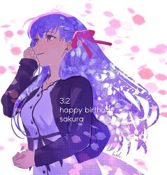 Rule 34 | 1girl, adjusting hair, buttons, character name, cherry blossoms, collarbone, dated, dress, eyelashes, falling petals, fate/stay night, fate (series), from side, hair ribbon, hal (haaaalhal), happy birthday, highres, jacket, long hair, long sleeves, matou sakura, petals, pink ribbon, purple eyes, purple hair, purple jacket, ribbon, signature, sitting, very long hair, white background, white dress