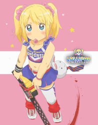 Rule 34 | 1girl, aged down, belt, blonde hair, blood, blue eyes, blush, candy, chainsaw, cheerleader, child, clothes writing, copyright name, crop top, english text, flat chest, food, grasshopper manufacture, josephine-843, juliet starling, leg warmers, lollipop, lollipop chainsaw, long hair, midriff, miniskirt, mouth hold, navel, necktie, rabbit, scrunchie, severed head, shoes, skirt, sneakers, solo, star (symbol), stuffed animal, stuffed rabbit, stuffed toy, sweatdrop, thighhighs, twintails, watch, white thighhighs, wristband, wristwatch
