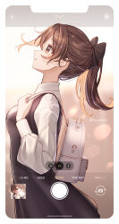 Rule 34 | 1girl, backlighting, backpack, bag, black dress, blurry, blush, bokeh, bow, breasts, brown eyes, brown hair, carrying bag, collared shirt, cowboy shot, depth of field, dress, english text, facing to the side, hair bow, highres, holding strap, huyunora, light particles, looking up, original, shirt, small breasts, solo, sunlight, viewfinder, white shirt, wind