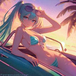 1girl adjusting_eyewear aqua_bikini aqua_eyes aqua_hair artist_name bare_shoulders bikini breasts car collarbone commentary english_commentary eyewear_on_head front-tie_top hatsune_miku itzah long_hair medium_breasts motor_vehicle navel pixel_art solo striped_bikini striped_clothes sunglasses sunset swimsuit twintails very_long_hair vocaloid