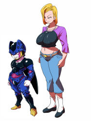 Rule 34 | 10s, 1girl, android 18, arms at sides, belt, blonde hair, bob cut, breasts, cell junior, clenched teeth, closed mouth, covered erect nipples, dragon ball, dragon ball super, earrings, feet, full body, groin, height difference, hoop earrings, jewelry, large breasts, legs, legs apart, legs together, looking away, medium hair, midriff, navel, necklace, pants, pearl necklace, rickert kai, shoes, short hair, simple background, size difference, smile, standing, teeth, thighs, v-shaped eyebrows, white background