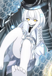 Rule 34 | 1girl, azur lane, bare legs, barefoot, colored skin, commentary request, compiler (azur lane), dress, feet, frilled dress, frills, glowing, glowing eyes, long sleeves, medium hair, pale skin, puffy long sleeves, puffy sleeves, sidelocks, siren (azur lane), compiler (azur lane), sleeves past fingers, sleeves past wrists, solo, toes, very long sleeves, white dress, white hair, white skin, yellow eyes, zetsuei (zetto)
