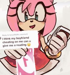 Rule 34 | 1girl, 9474s0ul, amy rose, bracelet, card, commentary, dress, english commentary, english text, furry, furry female, gloves, green eyes, grey background, highres, holding, holding card, jewelry, looking at viewer, open mouth, red dress, signature, simple background, smile, solo, sonic (series), tiktok, uno (game), white gloves