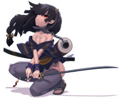 Rule 34 | 1girl, bare shoulders, bell, black hair, bodypaint, breasts, chain, cleavage, clothes down, horns, japanese clothes, katana, kimono, long hair, no panties, off shoulder, on one knee, original, pointy ears, red eyes, sandals, scroll, short kimono, solo, sword, tattoo, thighhighs, toeless legwear, toes, weapon, wristband, x6suke, zouri
