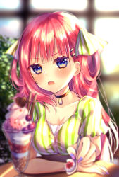 Rule 34 | blue eyes, blunt bangs, blush, breasts, butterfly hair ornament, choker, cleavage, collarbone, dress, frilled sleeves, frills, go-toubun no hanayome, green dress, hair ornament, highres, hime cut, holding, holding spoon, indoors, jewelry, large breasts, long hair, looking at viewer, multicolored nails, nail polish, nakano nino, necklace, open mouth, parfait, pink hair, short sleeves, spoon, striped clothes, striped dress, table, twintails, v-shaped eyebrows, vertical stripes, xx momomo xx