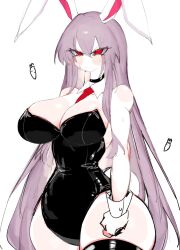 Rule 34 | 1girl, alternate costume, animal ears, bare shoulders, black choker, black leotard, black thighhighs, blush, breasts, buttoned cuffs, buttons, choker, clenched hand, closed mouth, collarbone, detached collar, hair between eyes, highres, huge breasts, large breasts, latex, leotard, long hair, looking to the side, necktie, playboy bunny, purple hair, rabbit ears, rabbit girl, rabbit tail, red eyes, red necktie, reisen udongein inaba, sidelocks, simple background, solo, standing, strapless, strapless leotard, sweat, tail, thighhighs, touhou, usa37107692, v-shaped eyebrows, white background, wing collar, wrist cuffs