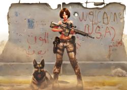 Rule 34 | 1girl, ;q, absurdres, blue eyes, breasts, brown hair, dog, gun, highres, holding, holding gun, holding weapon, jungon kim, medium breasts, military, navel, one eye closed, original, rifle, short hair, solo, tongue, tongue out, weapon