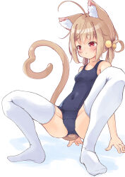 Rule 34 | 1girl, ahoge, animal ear fluff, animal ears, bare arms, bare shoulders, blue one-piece swimsuit, blush, breasts, brown hair, cat ears, cat girl, cat tail, closed mouth, commentary request, covered navel, full body, hair rings, heart, heart tail, highres, long hair, manabe mana, no shoes, old school swimsuit, one-piece swimsuit, original, red eyes, school swimsuit, simple background, small breasts, solo, squatting, swimsuit, tail, thighhighs, wavy mouth, white background, white thighhighs