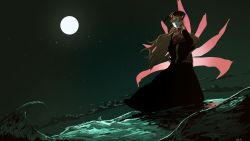 Rule 34 | 1girl, absurdres, black dress, blonde hair, chinese clothes, crescent, dress, full body, full moon, hands in opposite sleeves, hat, highres, irohasu (sasagarasu), junko (touhou), long hair, long sleeves, looking at viewer, moon, multiple tails, night, night sky, ocean, red eyes, sash, sky, smile, solo, standing, standing on liquid, tabard, tail, touhou, very long hair, wide sleeves