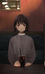 Rule 34 | 1girl, absurdres, brown hair, commentary request, cup, drinking glass, drinking straw, grey eyes, highres, huge filesize, ice, ice cube, looking at viewer, maoyasumisumi, original, parted lips, restaurant, short hair, sleeves past wrists, solo, tears