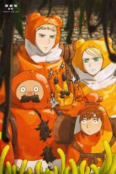 1girl 3boys animal_costume baba0748 blonde_hair brown_hair chest_hair chilchuck_tims dungeon_meshi frog_costume green_eyes highres laios_touden marcille_donato multiple_boys senshi_(dungeon_meshi) yellow_eyes