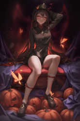 Rule 34 | 1girl, arm up, black hair, bug, butterfly, commentary, english commentary, full body, genshin impact, halloween, hat, highres, hu tao (genshin impact), insect, jack-o&#039;-lantern, legs, long hair, looking at viewer, parted lips, porkpie hat, pumpkin, red eyes, sitting, socks, solo, stormstx, thighs, twintails, very long hair, white socks